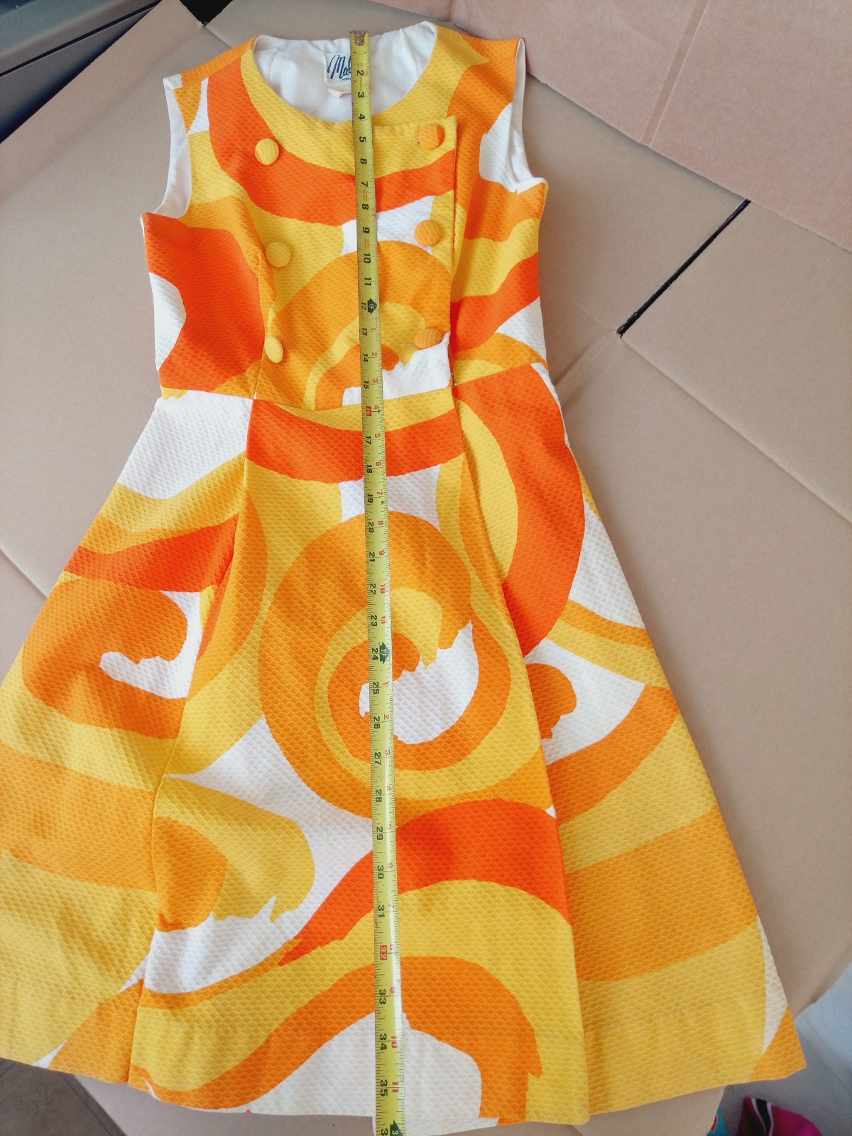 VTG Malia Hawaii 60s MCM Psychedelic Mod Gogo Mini Dress Atomic Orange SMALL