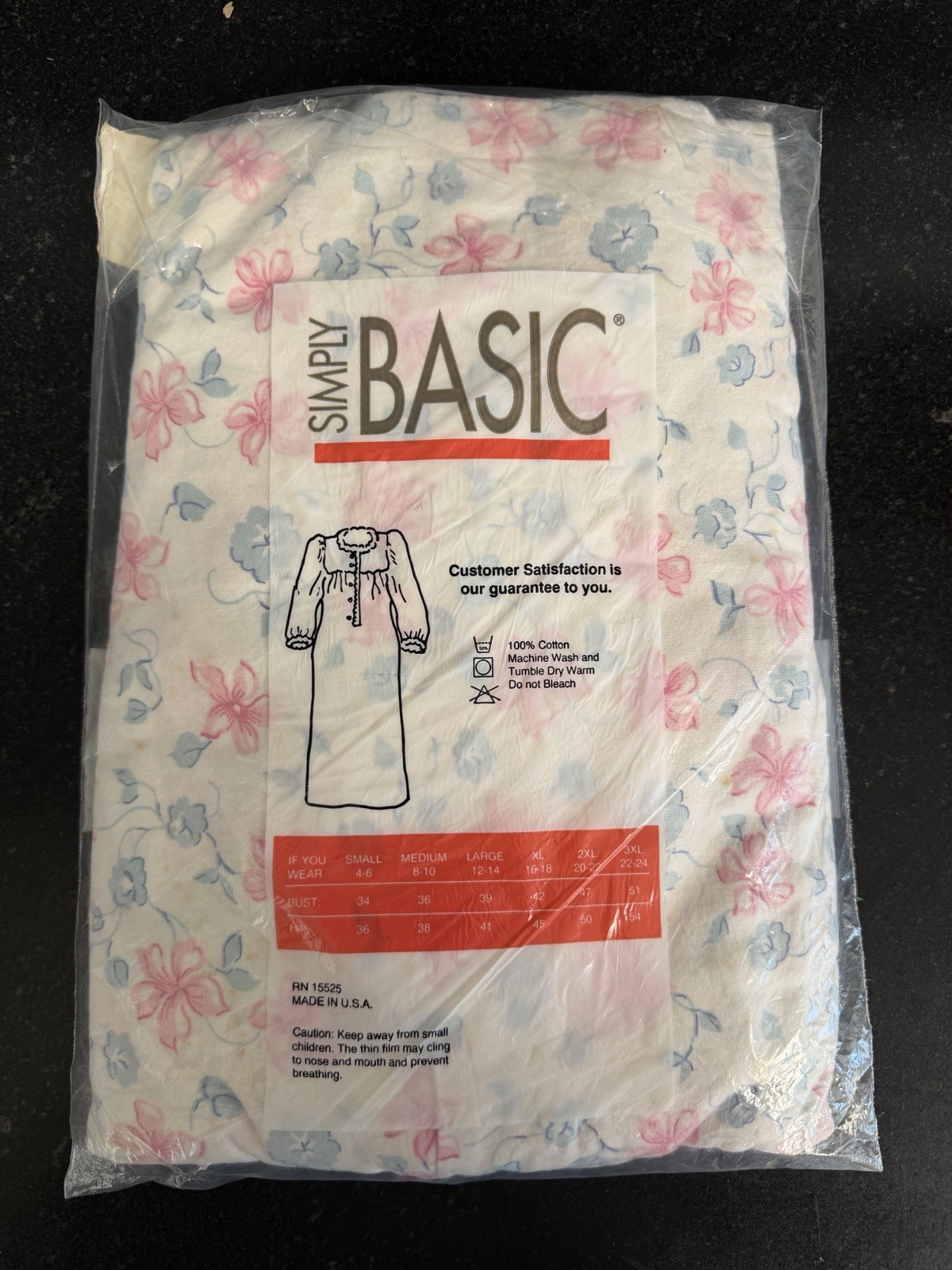 Vtg 90s Cottagecore Flannel Nightgown Floral Pink Blue USA L NOS Simply Basic