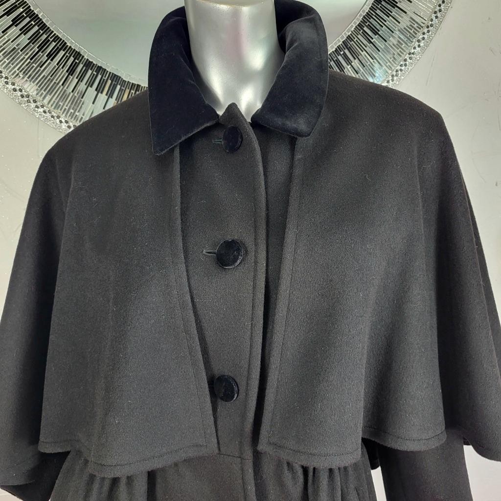 CLAUTE COUTURE~38/S/M~VINTAGE BLACK WOOL VELVET FULL LENGTH CAPE COAT TRENCH