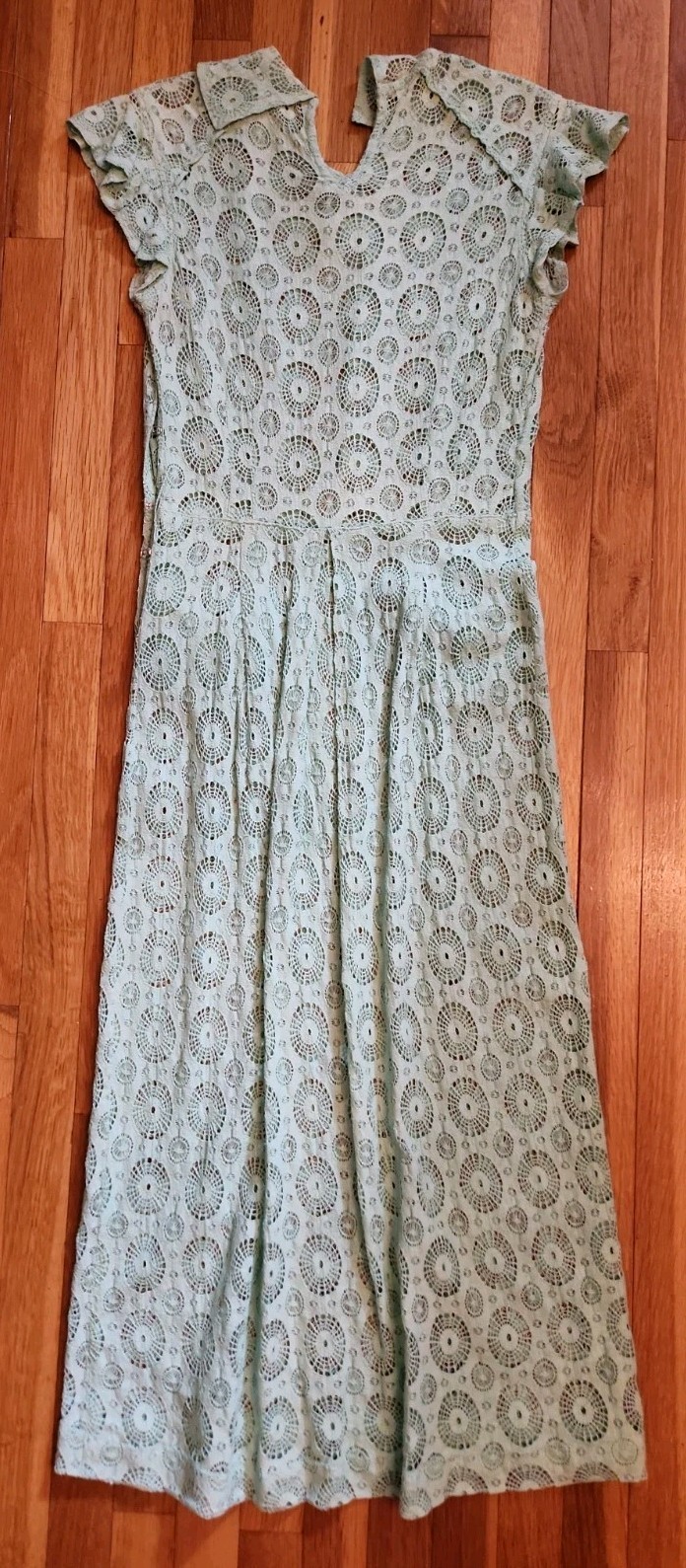 1930s Aqua Cotton Crochet Lace Dress with Cap Sleeves and Pockets XS