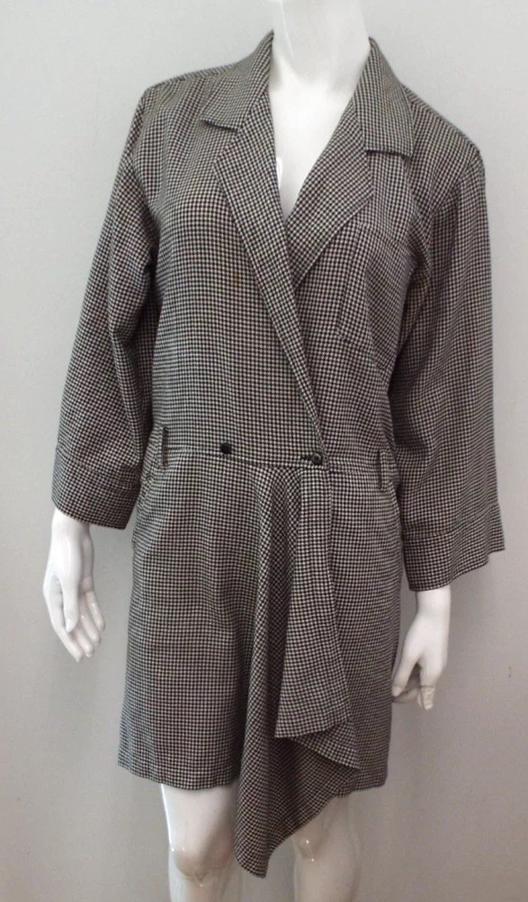 VTG 1980s KENZO Black & White Houndstooth Dress MEDIUM Cotton Asymmetrical Drape