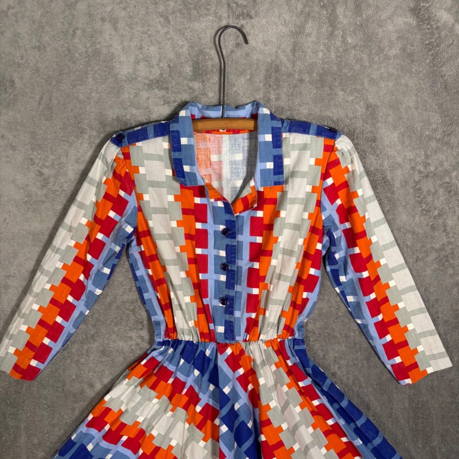 Vintage Geometric Pixel Print Fit & Flare Shirt Dress Multicolor 70s Style MCM