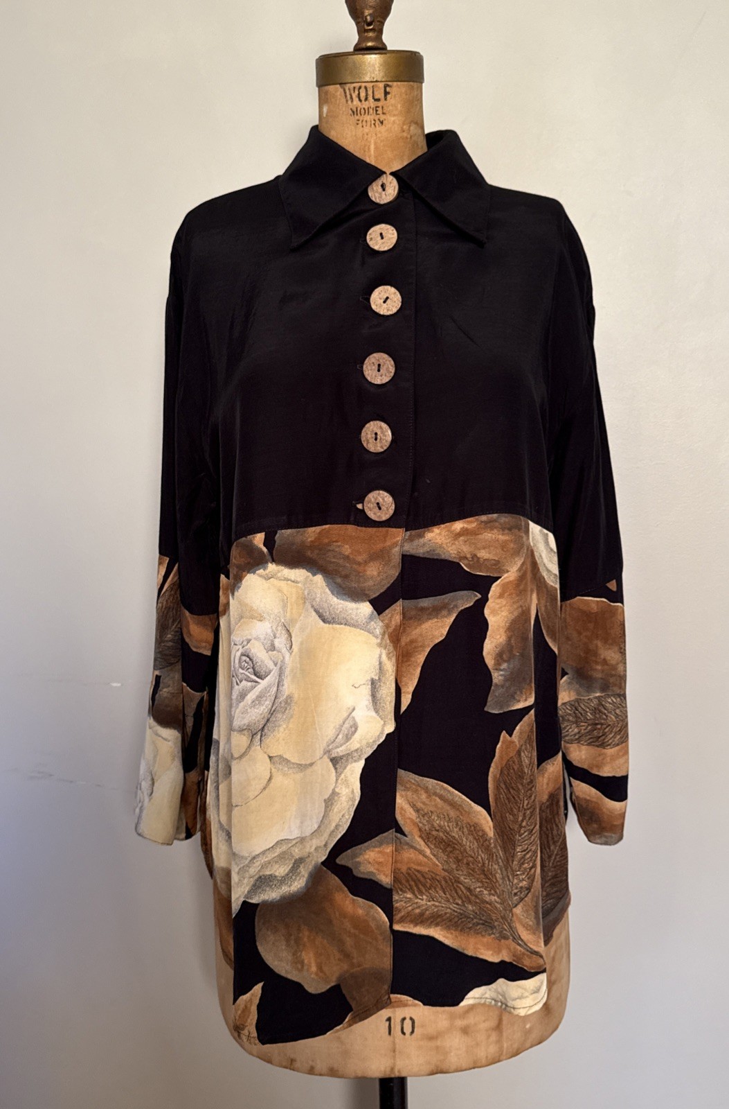 Vintage Platinum Dorothy Schoelen Blouse Tunic Split Front Abstract Rose Print M