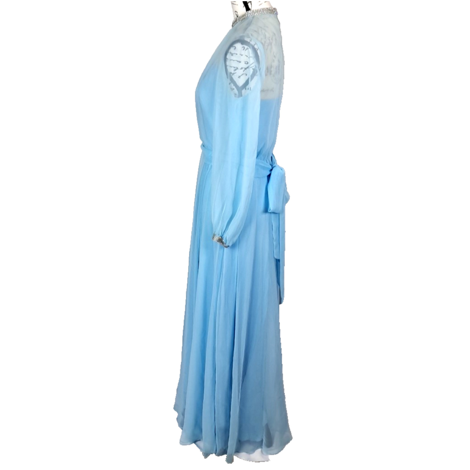 Vtg 70s Sheer Chiffon Rhinestone Maxi Dress Size 9 Blue Regency Formal Union Tag