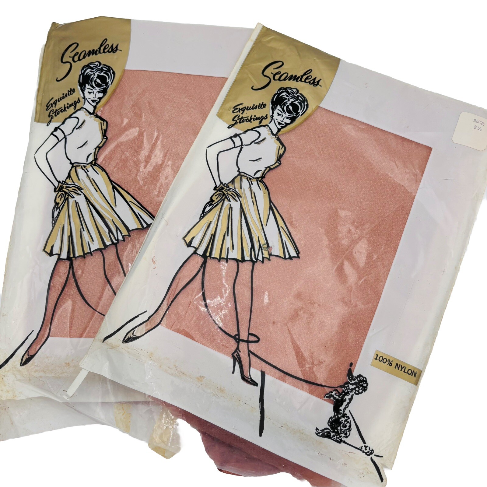 Seamless Stockings 50’s Size 8.5 Two Pairs Beige & Cinnamon Original Packaging