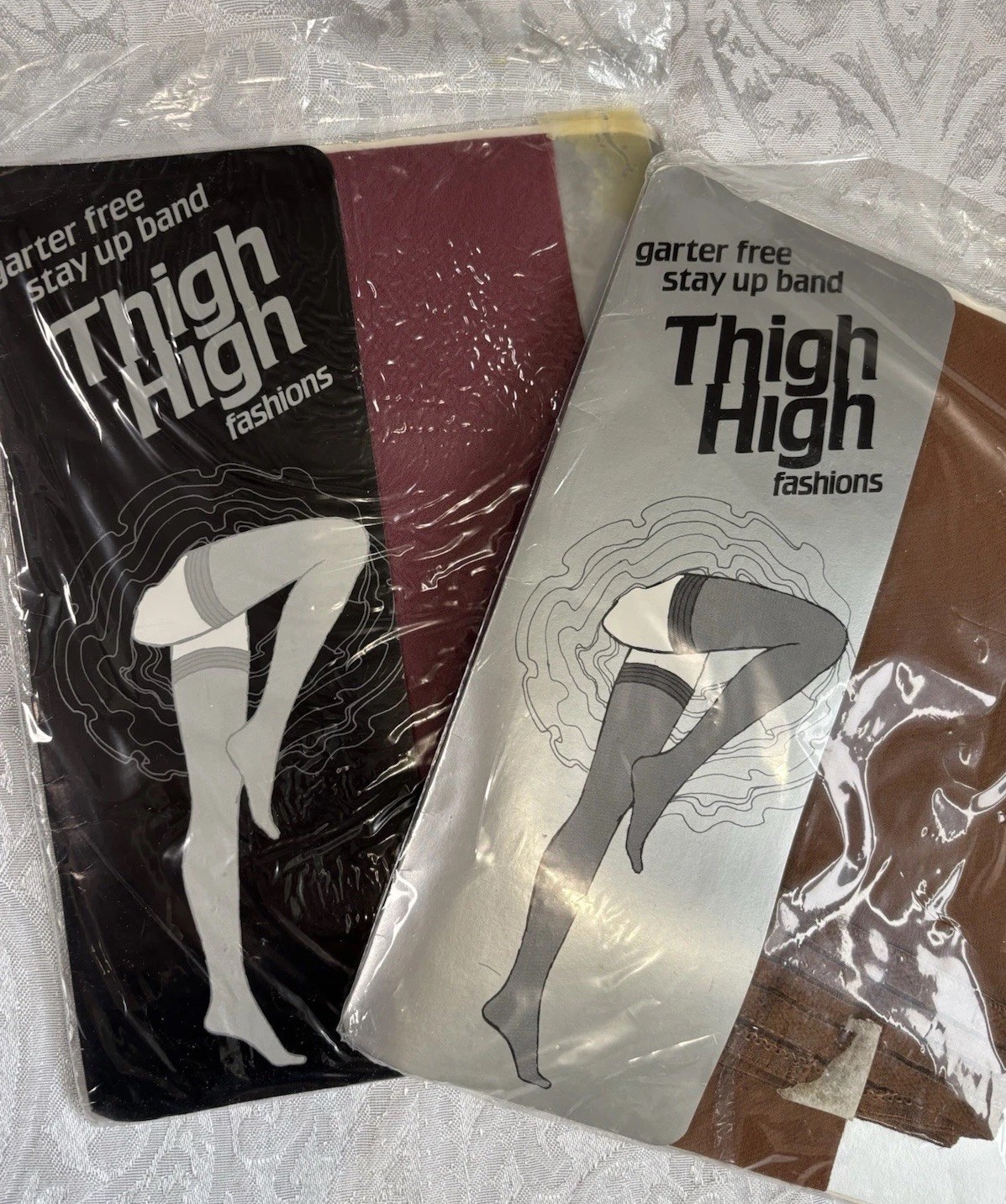 Vtg Arrowood Mills Thigh High Nylon Stockings Lot of 2: Wine, Tan USA Sz Average