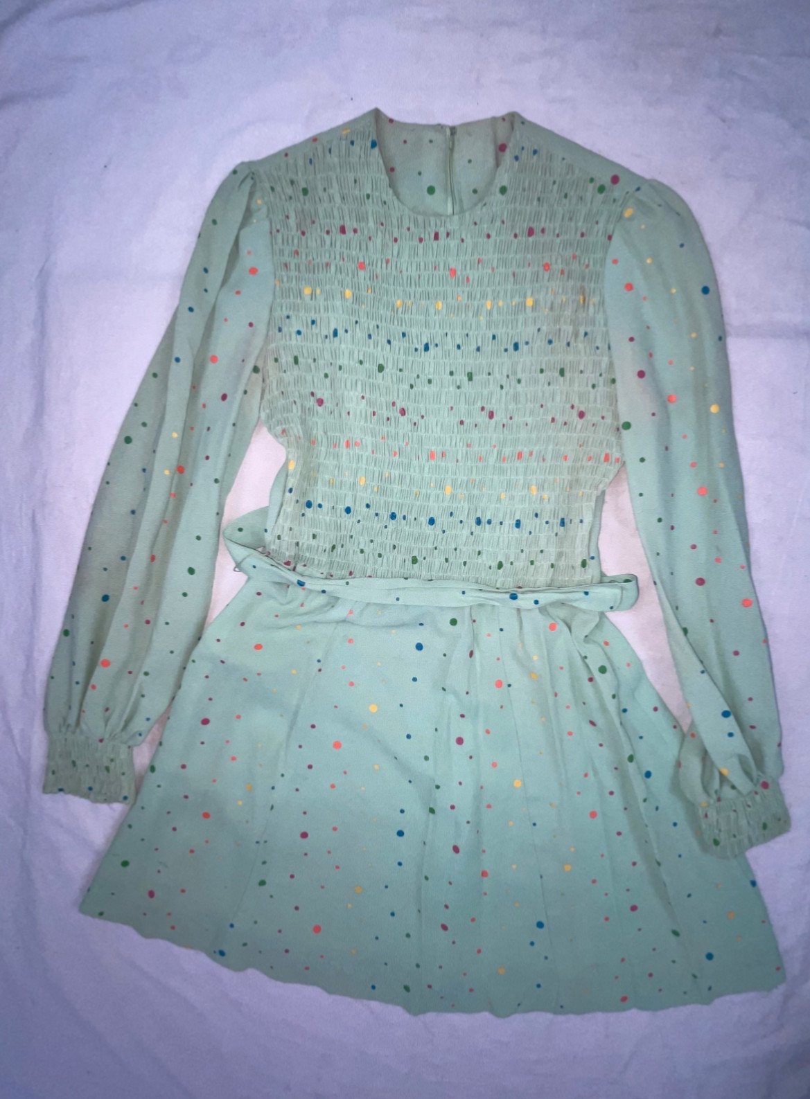 VTG 60s 70s WOMENS S GREEN POLKA DOT DISCO RETRO CUTE FUN PARTY DRESS
