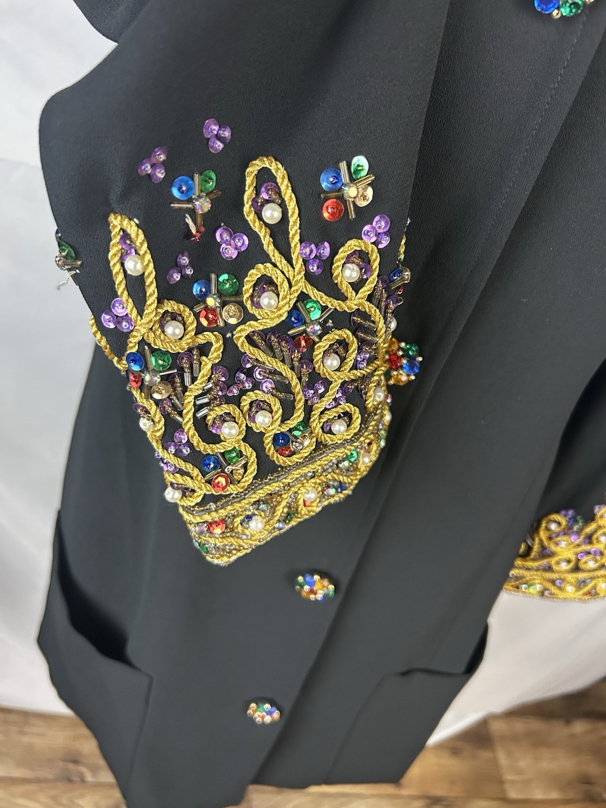 Frank Usher VTG Button Down Dress Black With Multicolor Buttons Embroidery