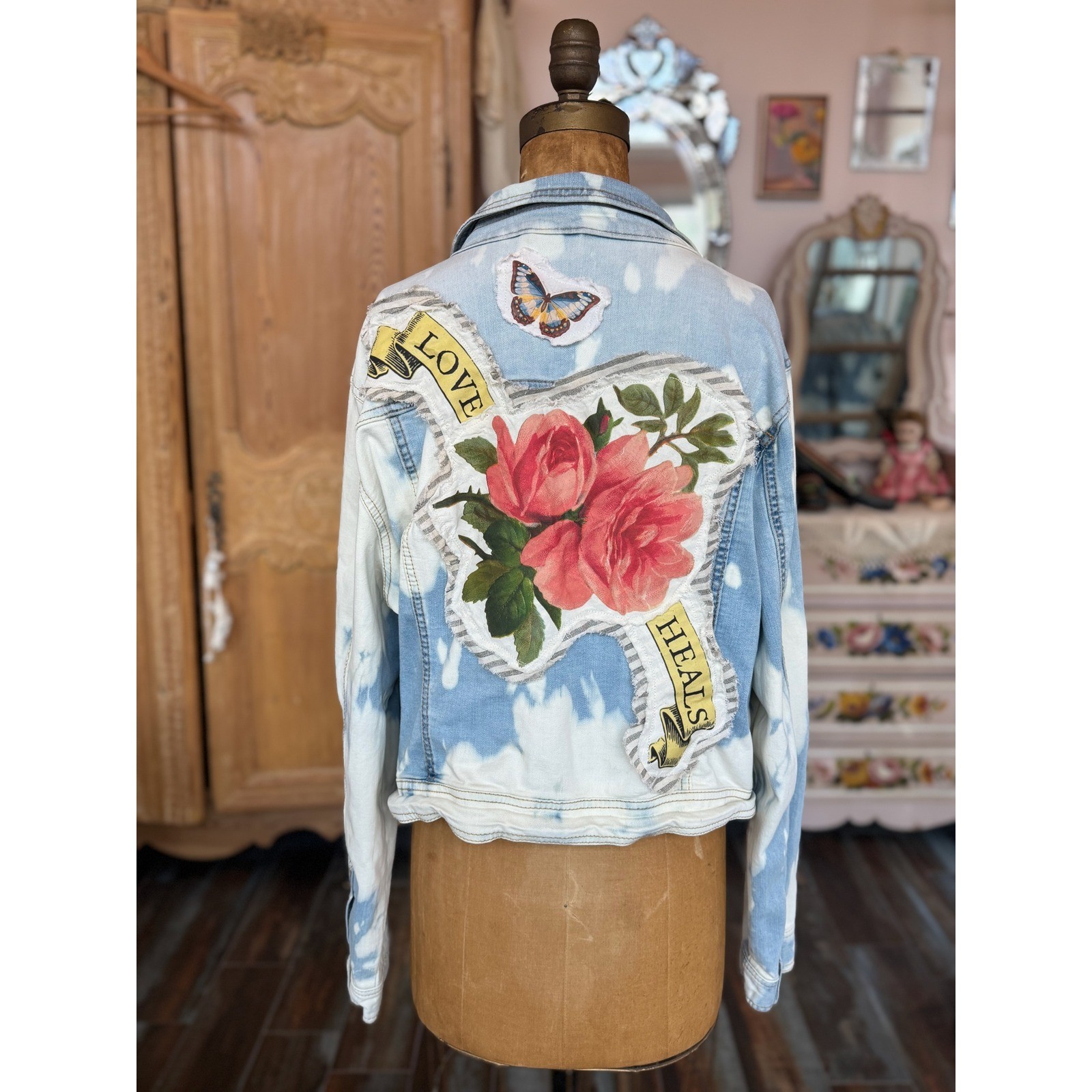 Upcycled Cropped Denim Jacket Roses Love Heals Patch Folk Art Boho XXL