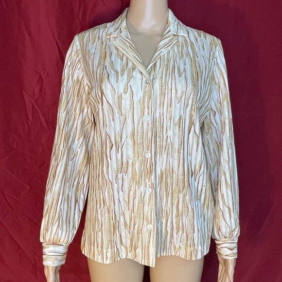 Vintage Graff California Wear Wood Grain V-Neck Button Front Blouse Medium