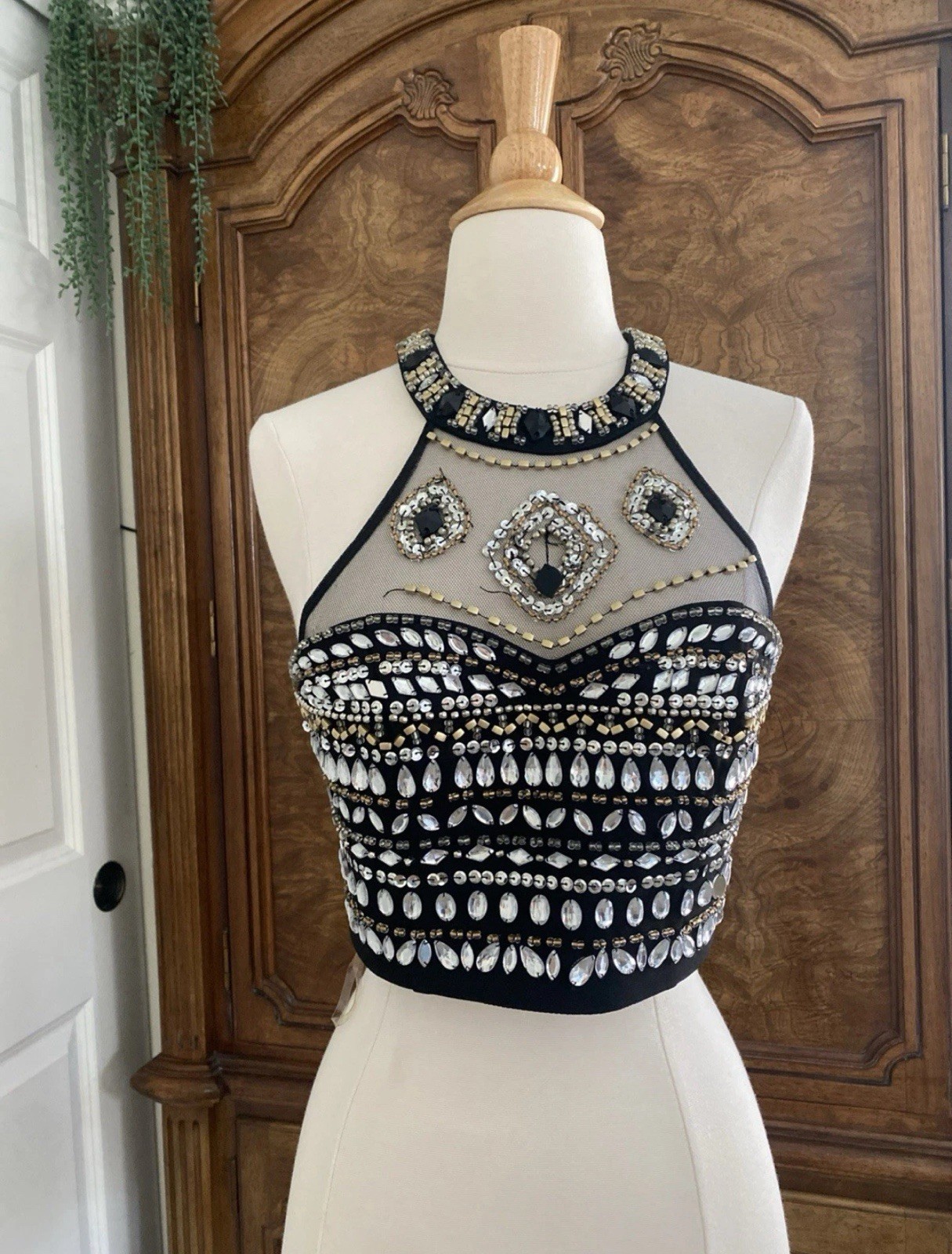 Vintage Y2k 90s Black Sequin Beaded Top Sz 9 Mesh Cropped Mcgoth Bling