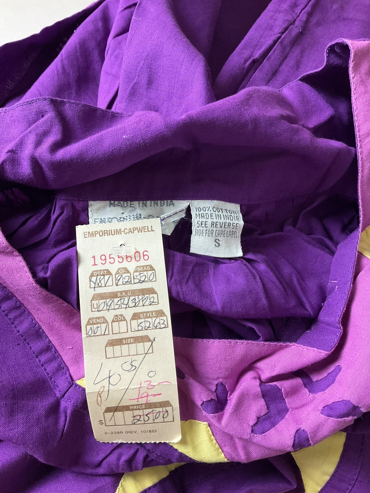 Vintage NWT 70&rsquo;s India Cotton Purple Yellow Embroidered Maxi Bohemian Dress S