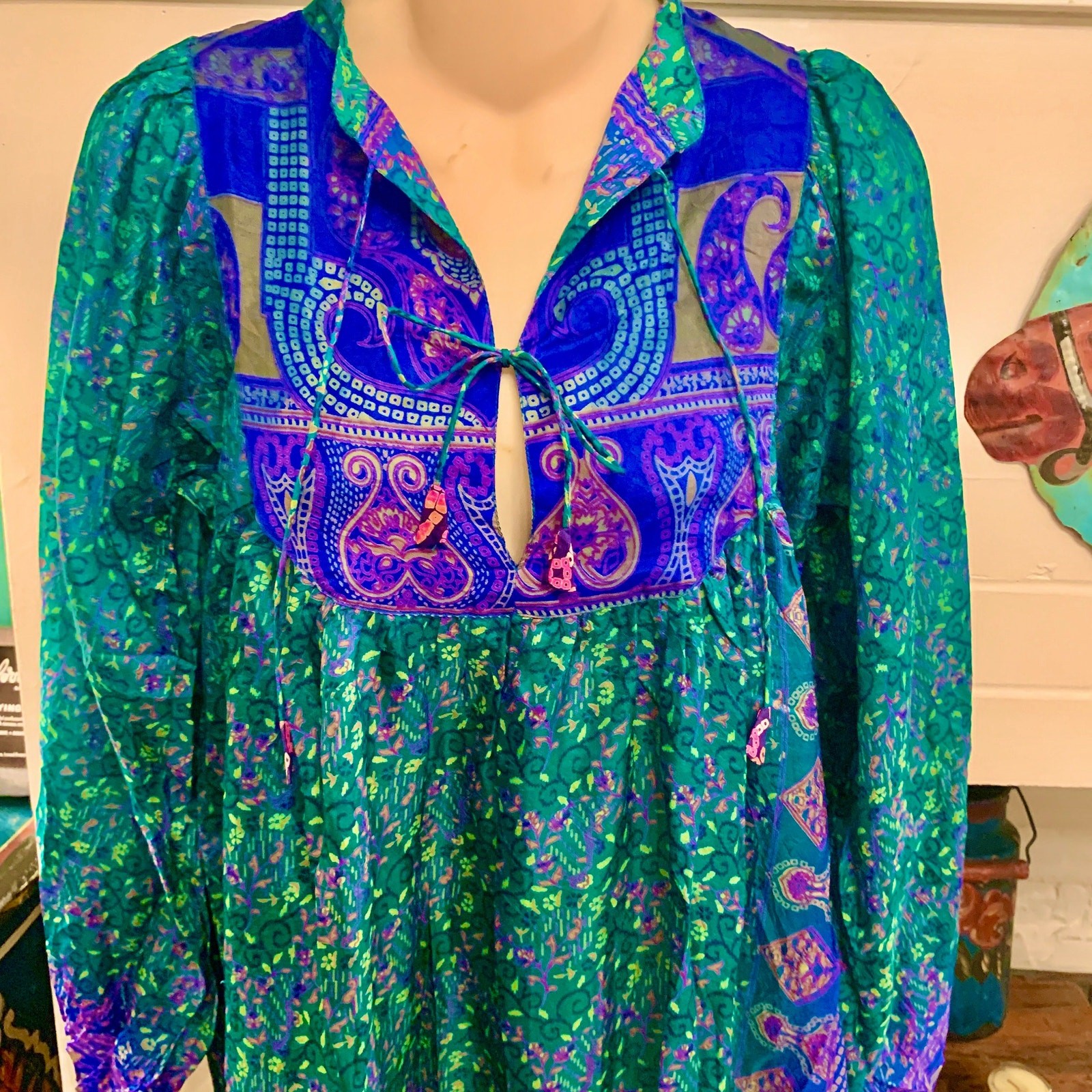 SEVENTIES 70&rsquo;s India SILK Mixed PATCHWORK Block Print HIPPIE BOHO Gypsy Dress
