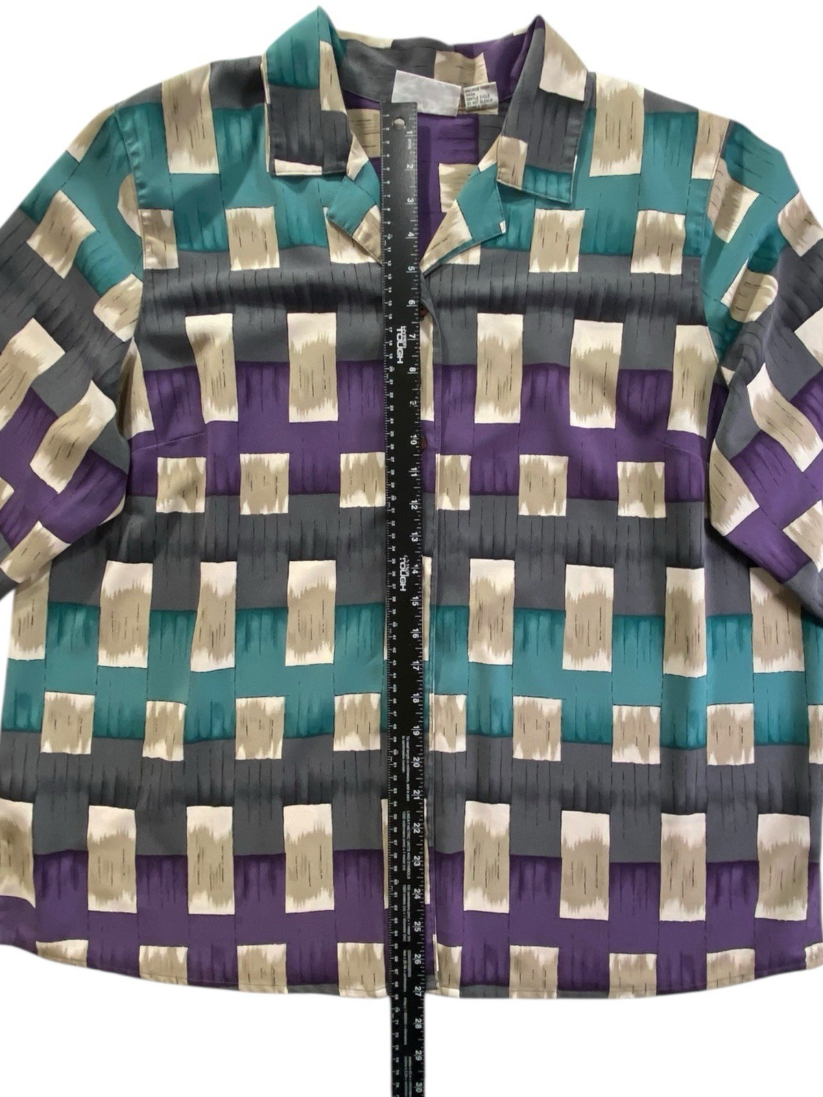 Alfred Dunner Women 18W Geometric Button Up Blouse Purple Teal Beige