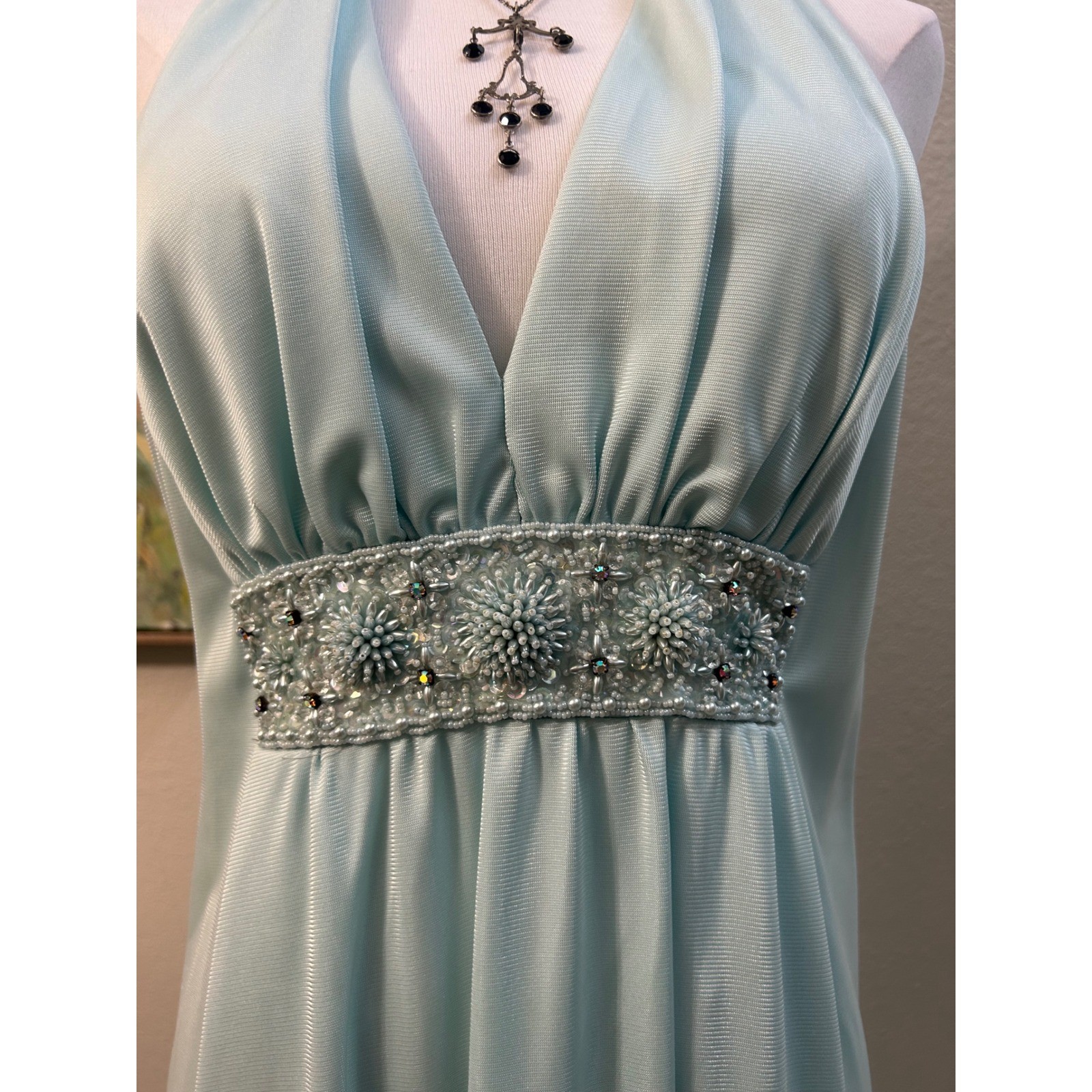 Vintage Aqua Blue Beaded Halter Neck Empire Waist Maxi Gown Cinderella Formal