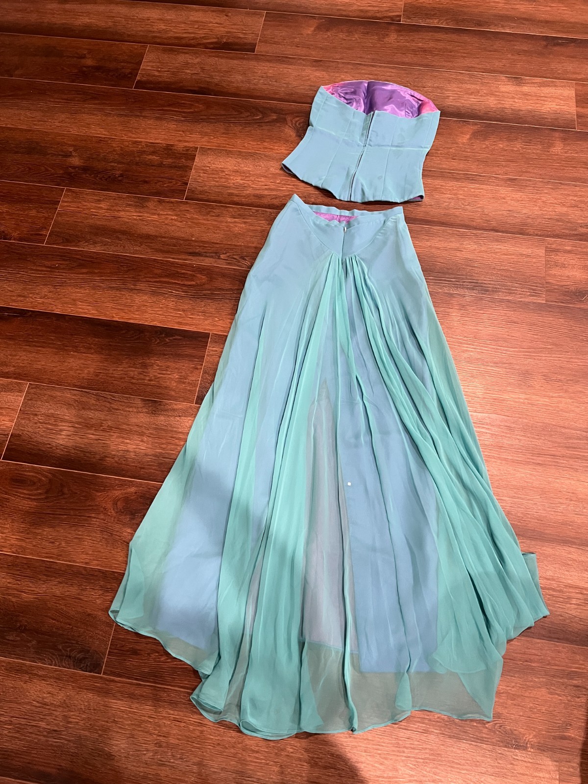 Vintage Lazaro Two-Piece Formal Gown Aqua Blue Chiffon Satin Prom Dress Y2K 90s