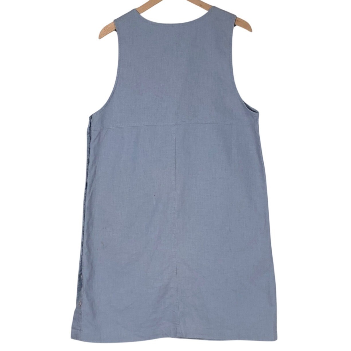 VTG Blue J. Linen Cotton Side Button Jumper Dress Sz M Cargo Pockets Sleeveless