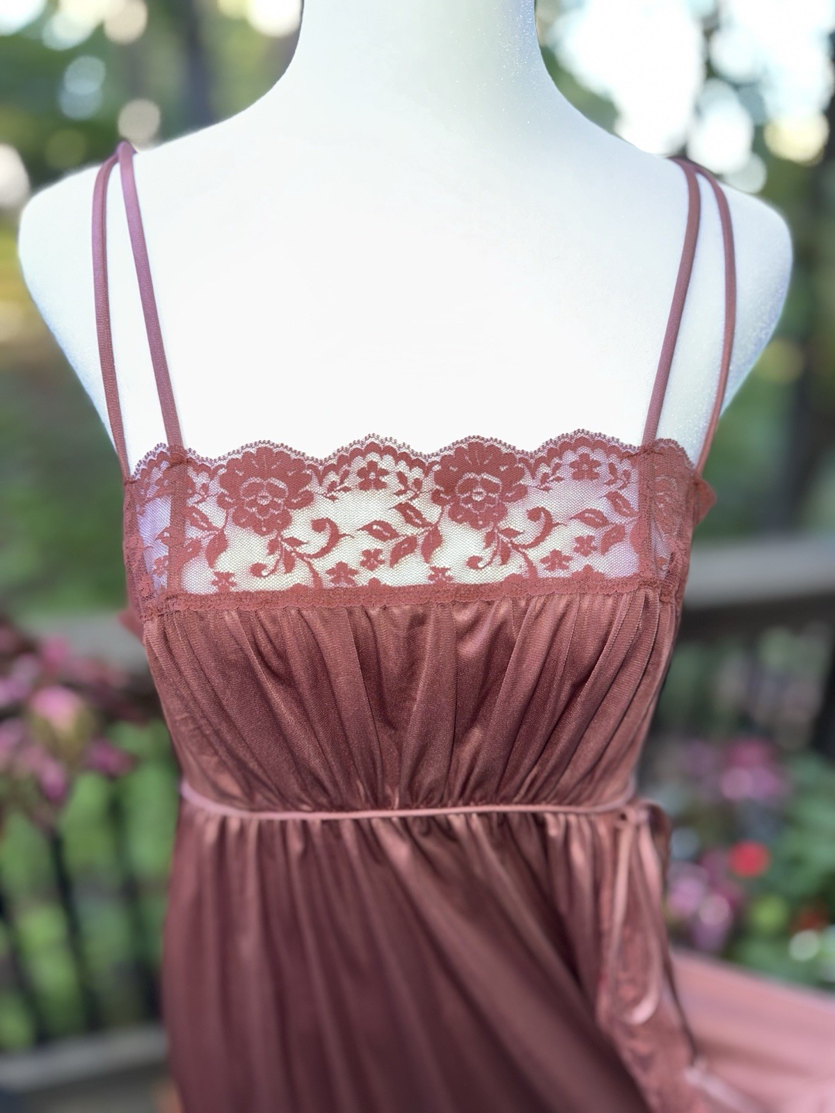 Vtg New Nightgown Long Goddess Pinehurst 70s Inset Lace UNIQUE Copper Brown M 36