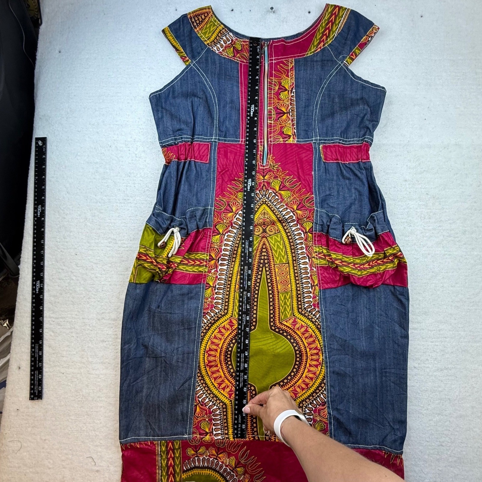 Denim Patchwork Dress Tribal Print Zip Front Pockets homemade boho artisan RARE