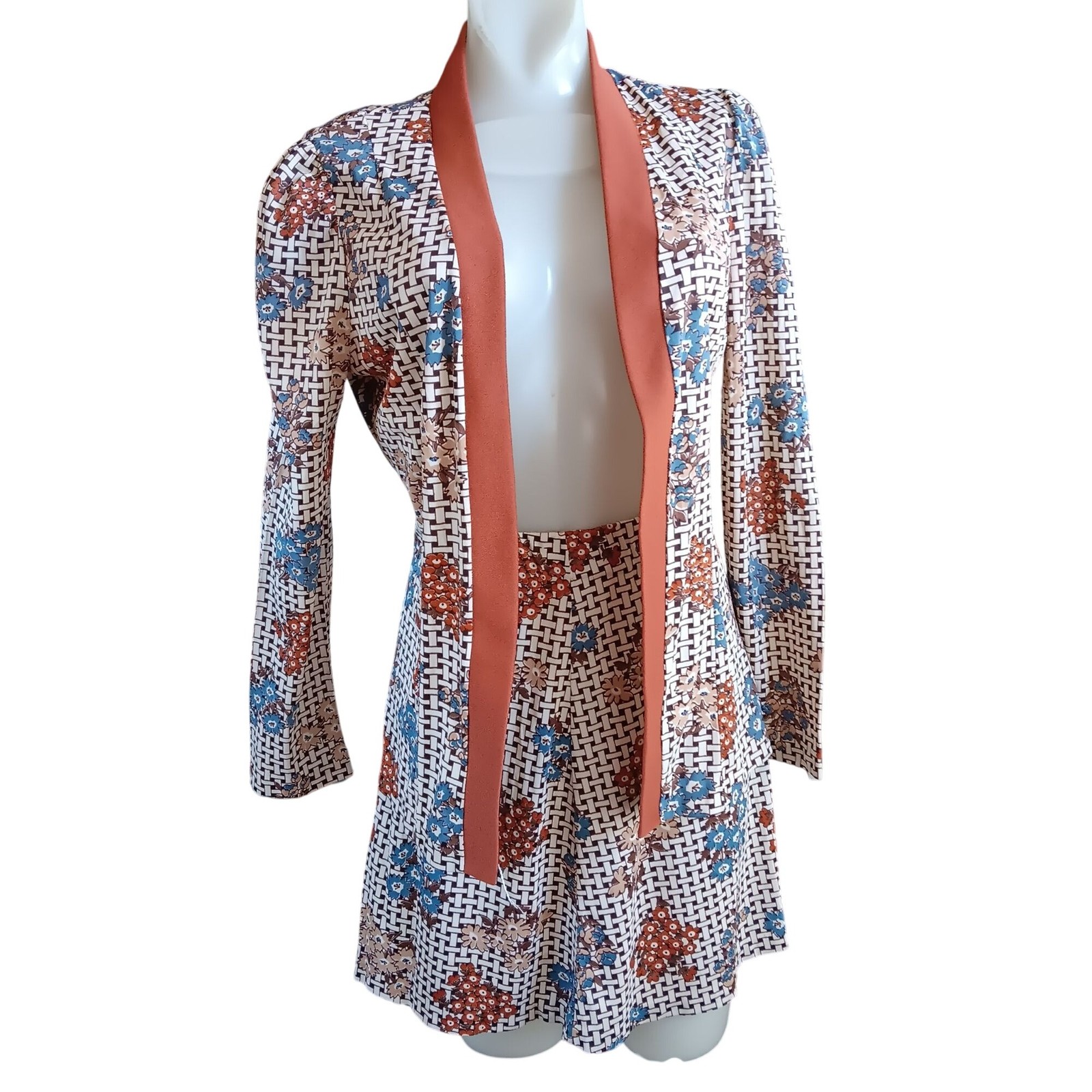 Vintage Women&rsquo;s Small Boho Dress Geometric Two-Piece Set Jacket SKirt 1970&rsquo;s