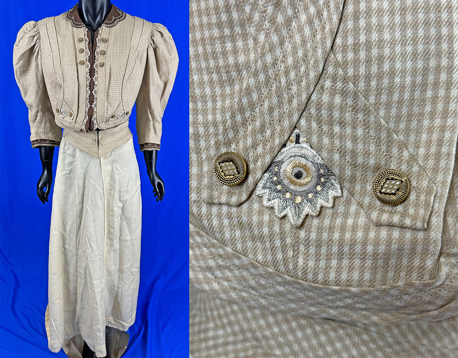 Edwardian The Redfern C.F. & M Co Cream Tan Wool Plaid Walking Suit Jacket Skirt