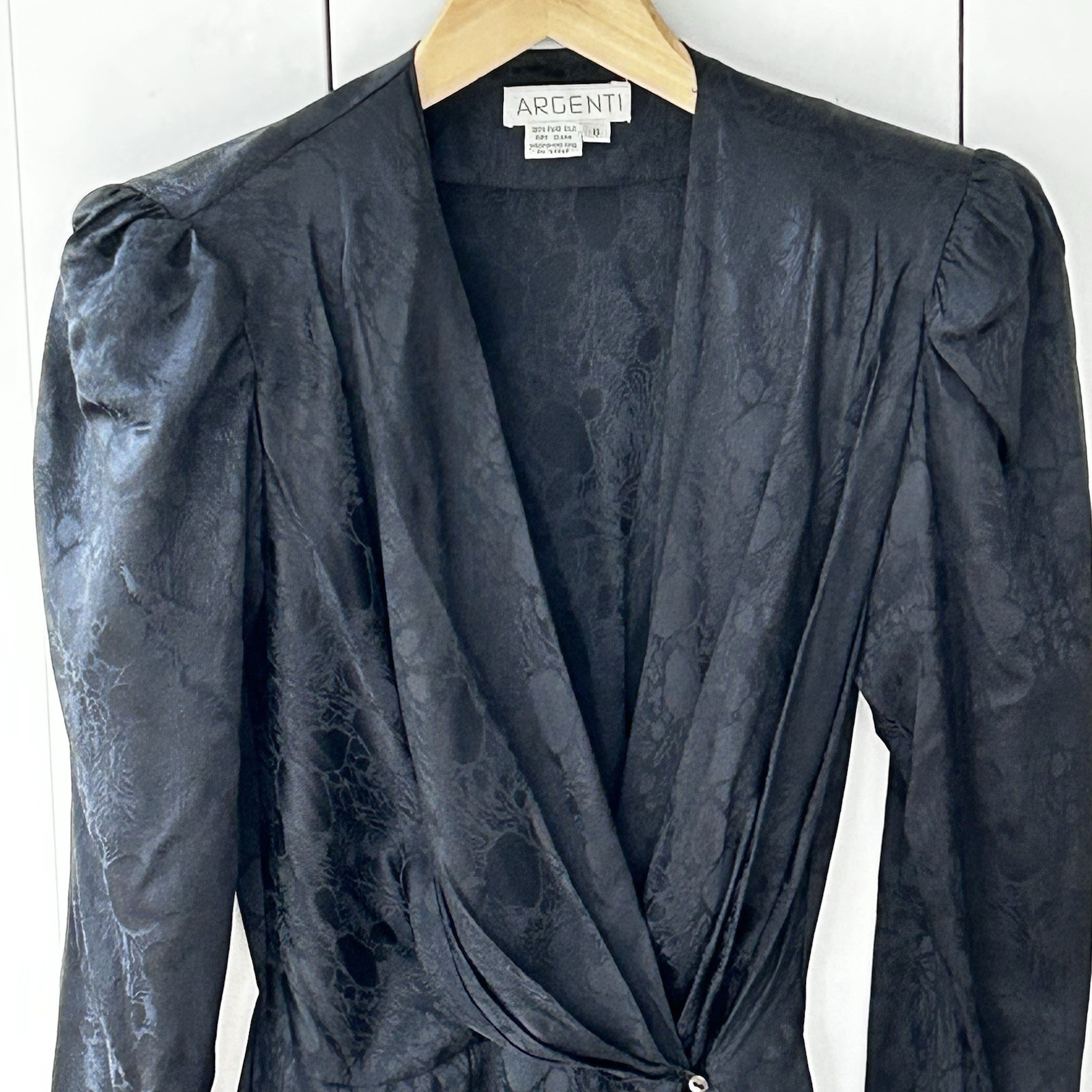 Vintage Argenti Dreaped Silk Wrap Dress Size 6 Floral Black Midi Shoulder Pads