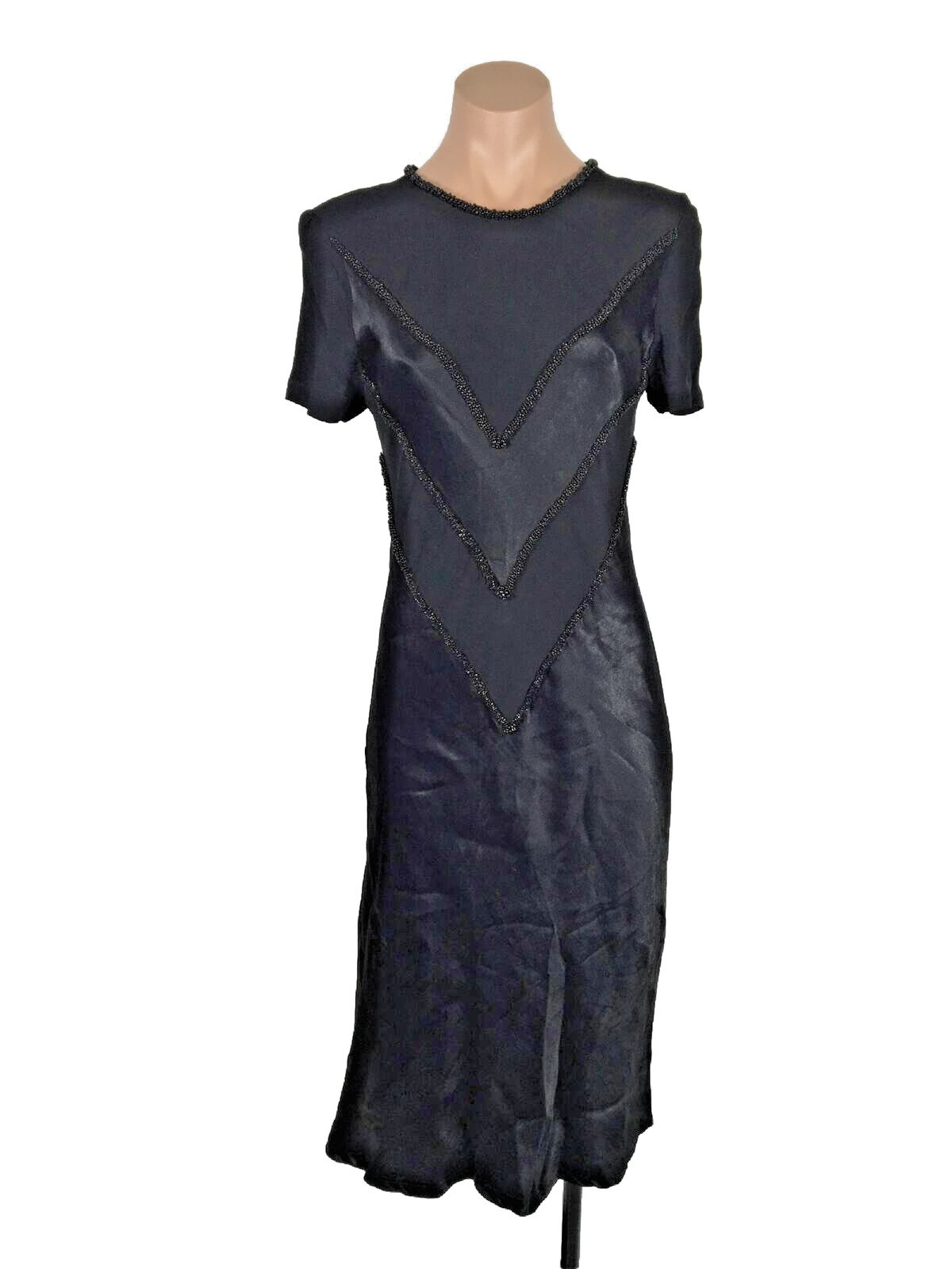 Wild Rose Vtg Dress Beaded Satin Women&rsquo;s Size 8 Black Sexy LBD Slip USA MADE