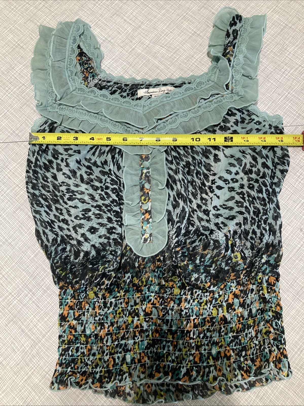 American Rag XS EUC Mint Green Leopard Print Sheer Ruffle Smocked Boho Top Y2K