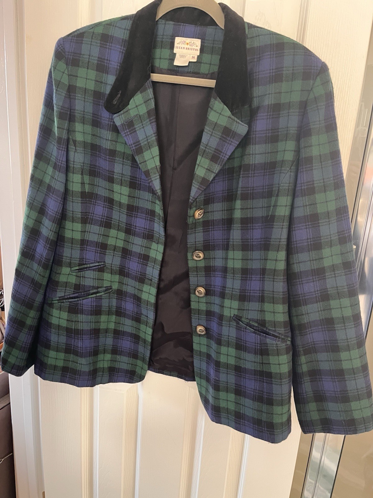 Susan Bristol Sz 14 Vintage Plaid Equestrian Jacket With Velvet Collar