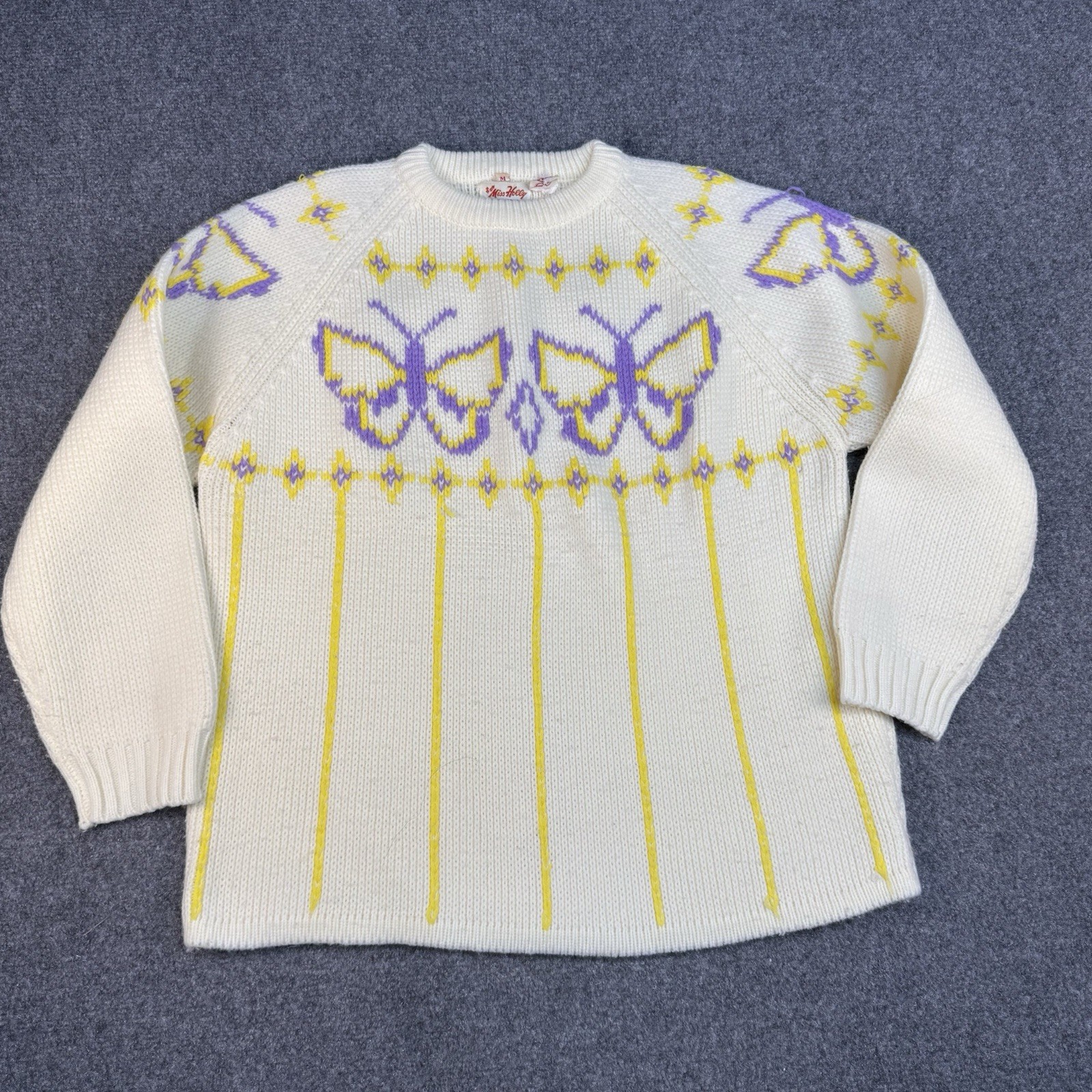 Vintage 70s 80s Miss Holly Butterfly Sweater M White Purple Yellow Novelty Knit
