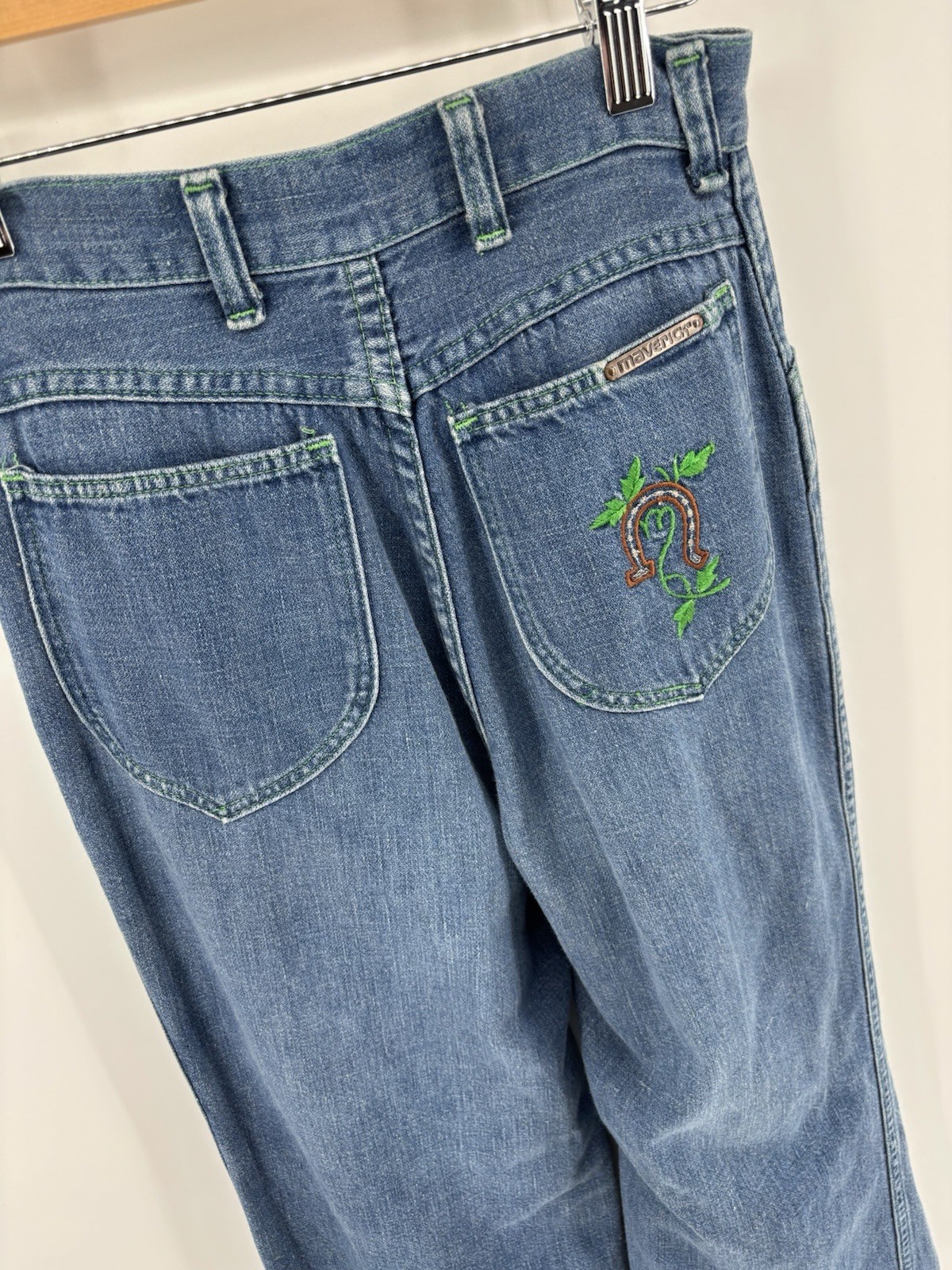 Vintage Maverick Jeans 24×31.5 Flared High Rise Rare Embroidered Pocket Hippy