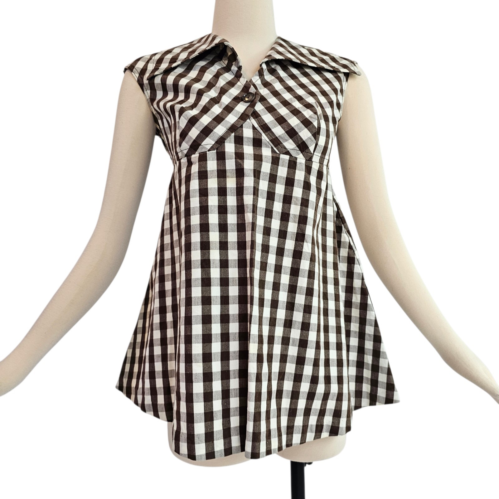 Vintage 1960s Blouse Top Shirt Brown White Gingam Checked Fabric Pointed Collar