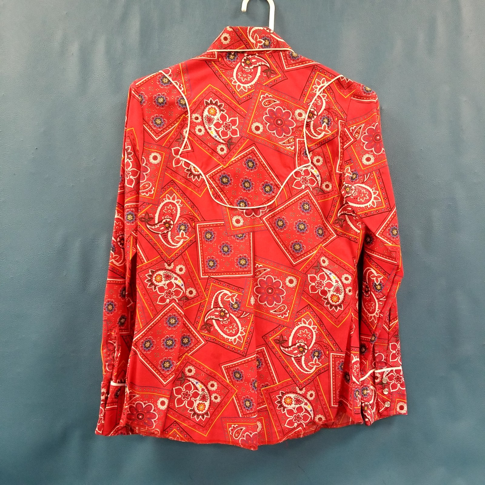 VTG Wrangler Red Patchwork Paisley Pear Snap Long Sleeve Western Shirt Womens 36