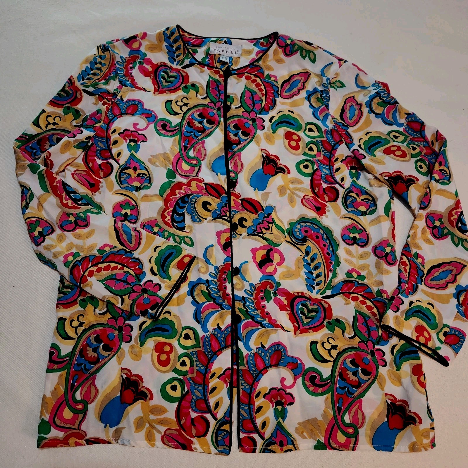 Vintage 80s Adrianna Papell 100% Silk Blouse colorful Paisley Floral top groovy
