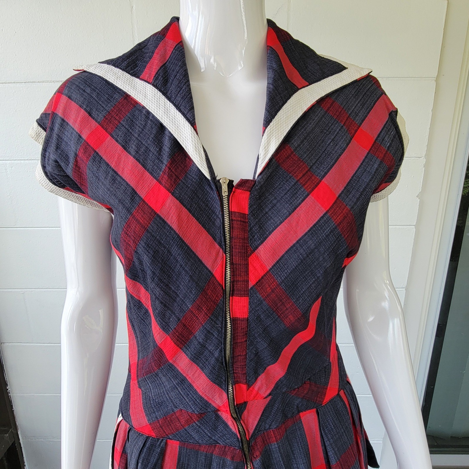 Vintage 50s Toni Todd Plaid Sailor Dress Red Grey Women&rsquo;s M Rockabilly