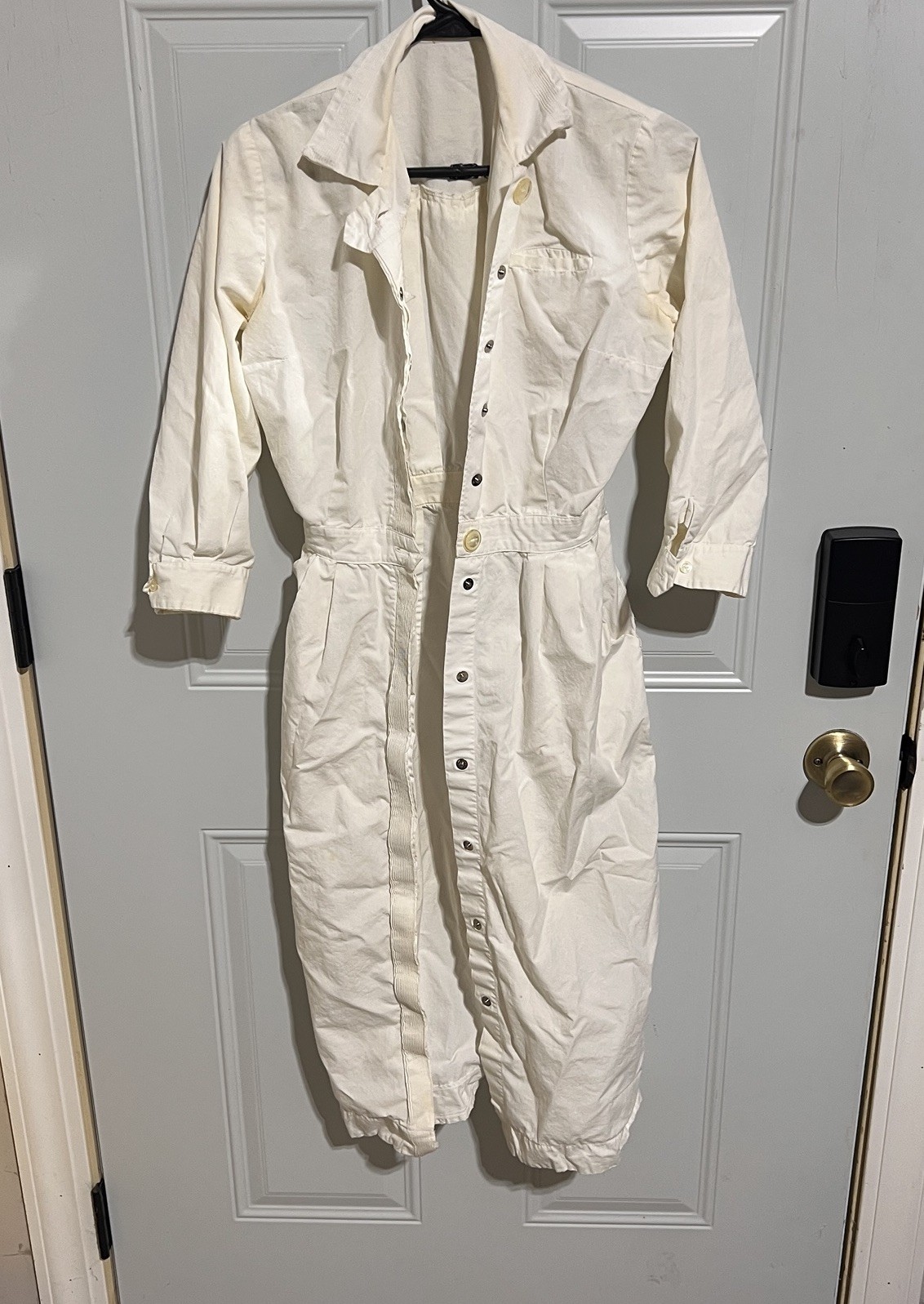 Nurse Uniform White Button Snap Front Dress Thin Vtg 1960s Medium Small *SPOTS*
