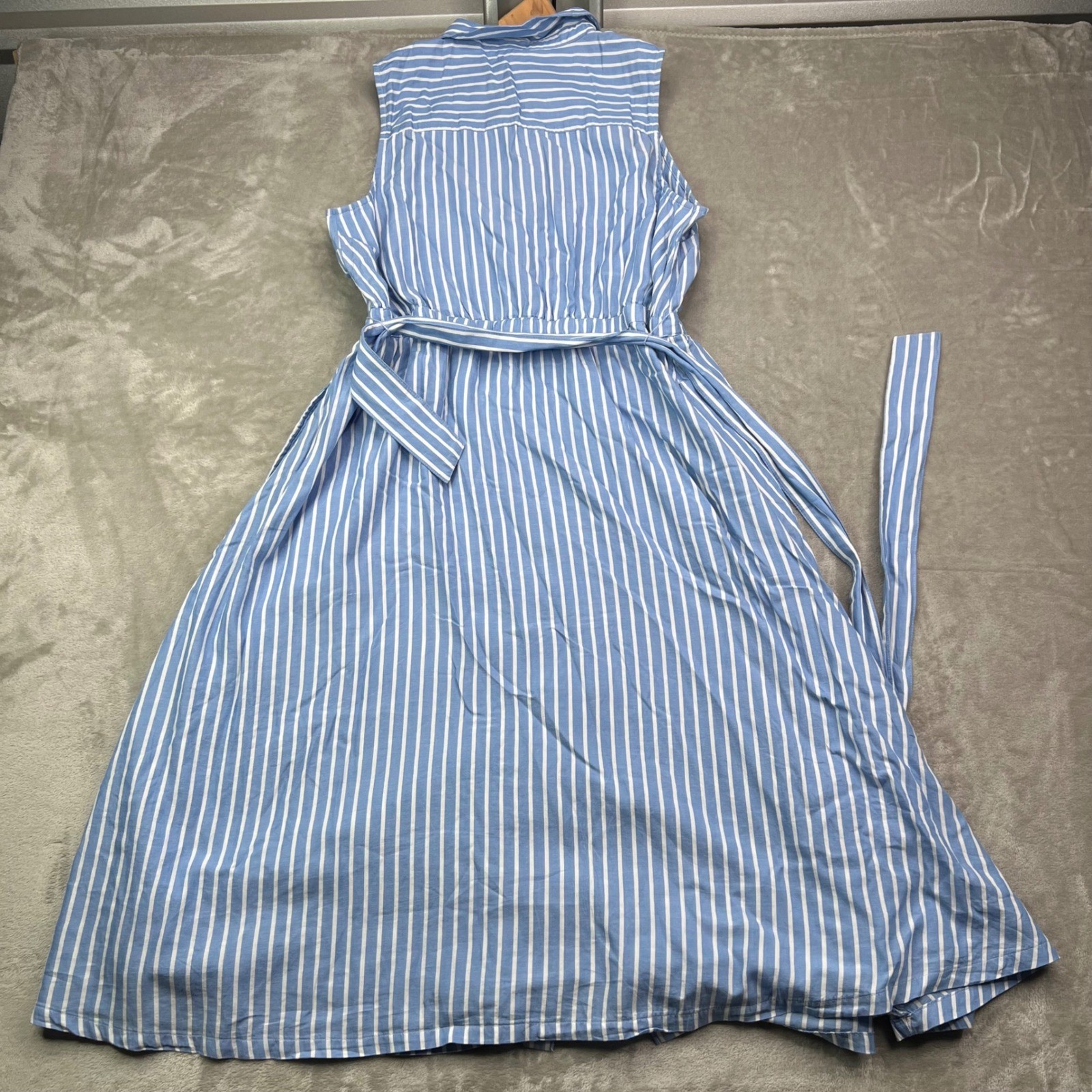 Pact Sunset Lightweight Cotton Sleeveless Shirtdress Womens L Blue White Striped