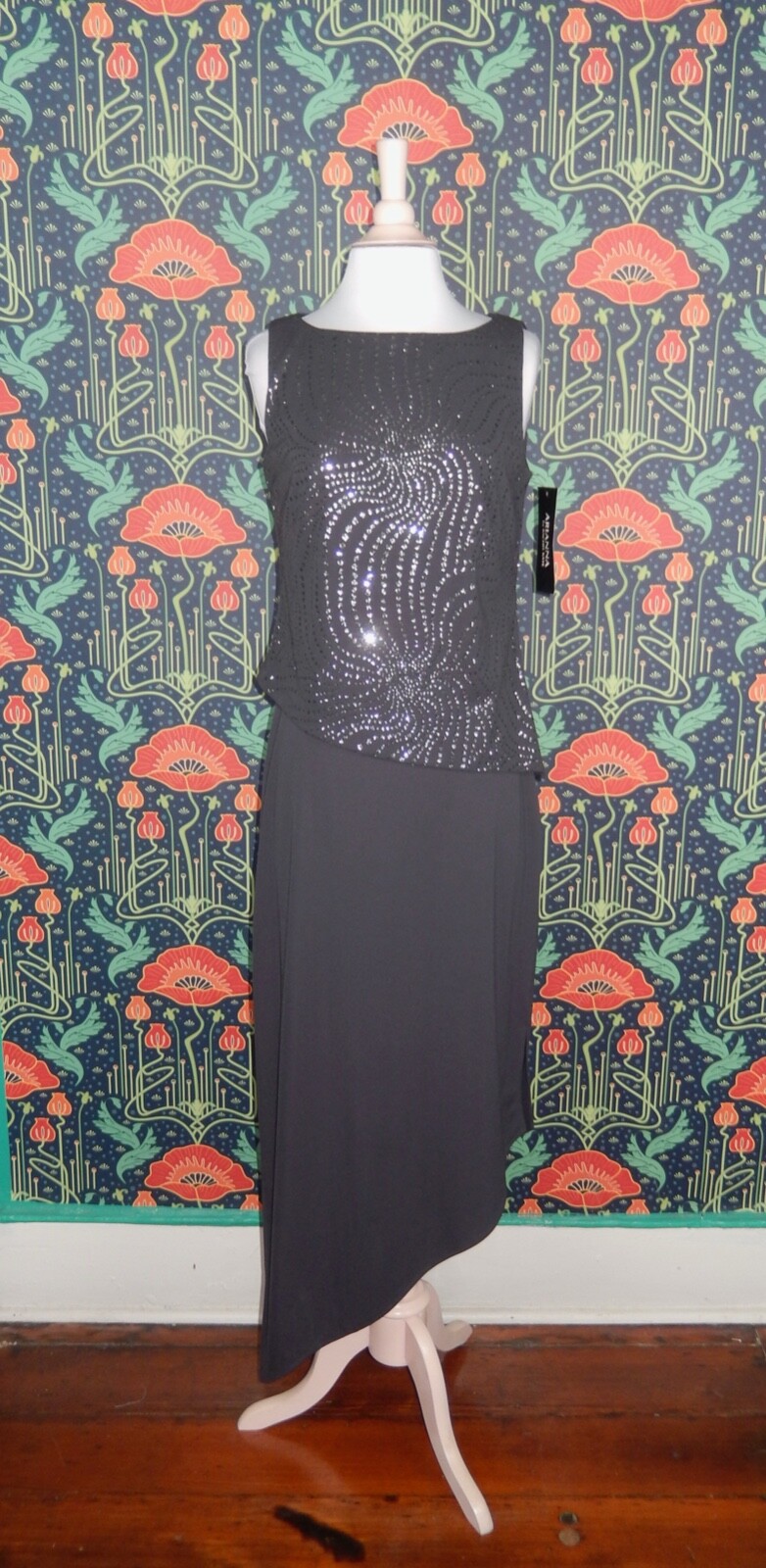 Vintage 90&rsquo;s Y2K Dress Asymmetrical Hem Party Cocktail Gray Glitter