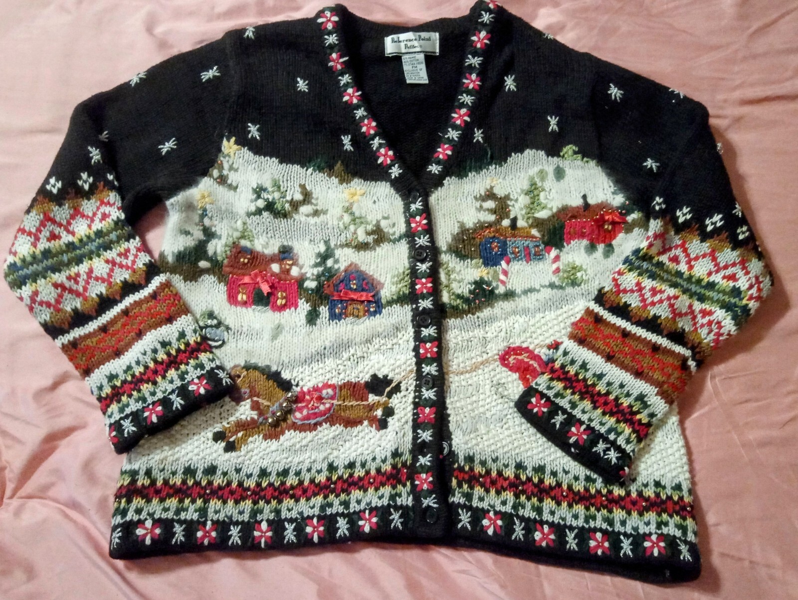 Vintage reference point petites Christmas sweater horse pulling sleigh