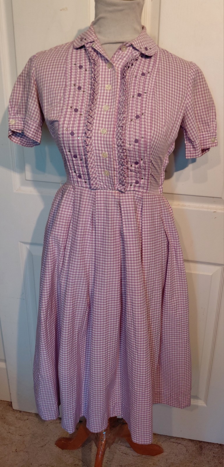 Vintage 50s Lavender Purple & White Check Cotton Dress Rhinestones Side Zip B36