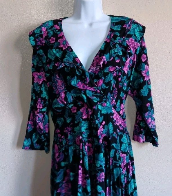 90s Whimsy Fairy Black Purple Forest Maxi Dress, Dark Cottage Size 12 Vintage