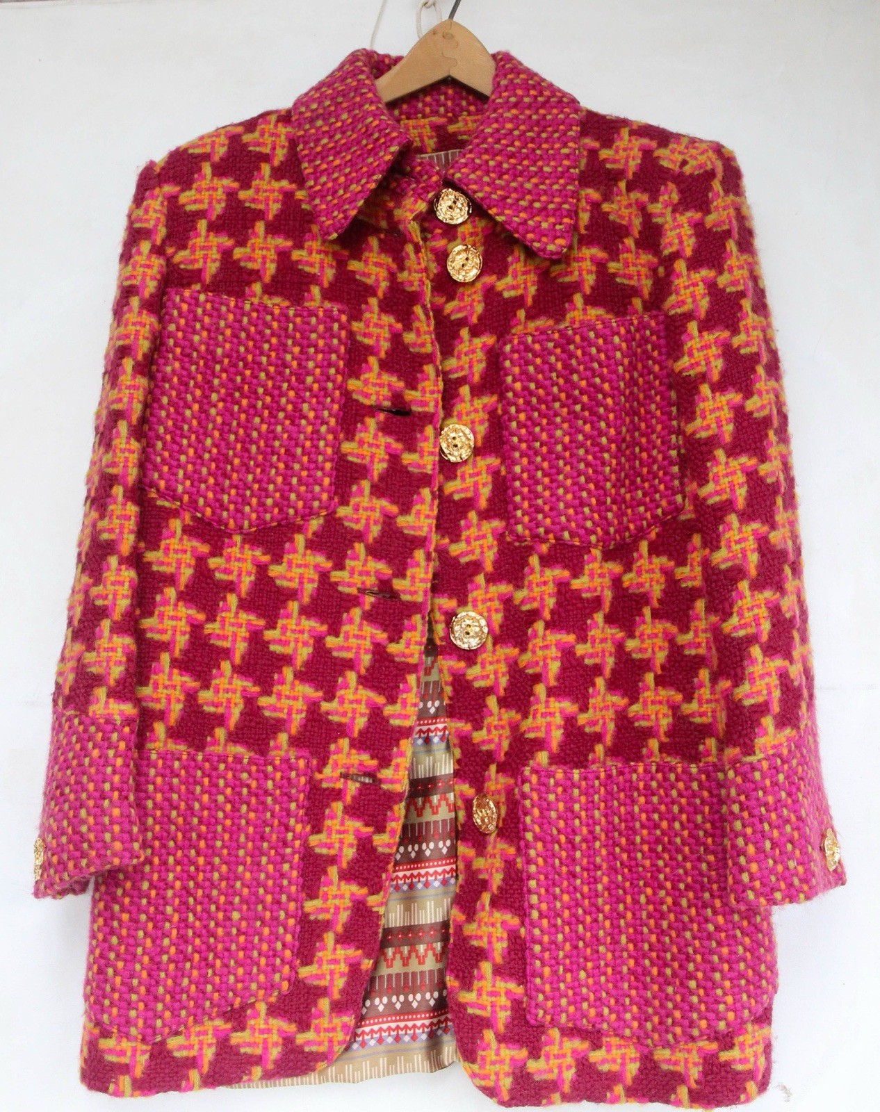 VTG 80’s CHRISTIAN LACROIX Red Tweed Gold Button Wool Blend Blazer Jacket Size 6