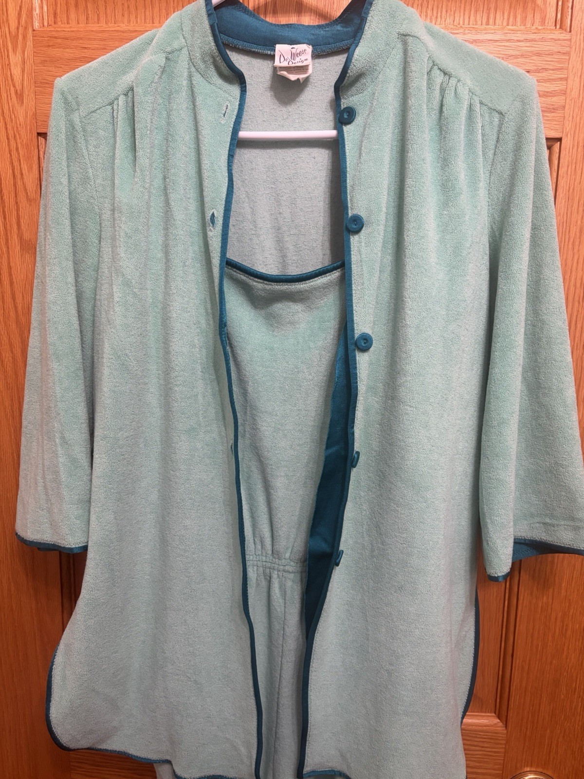 VTG 1970s De Weese Design Mint Aqua Terry Velour 2pc Jumpsuit Jacket Set Small