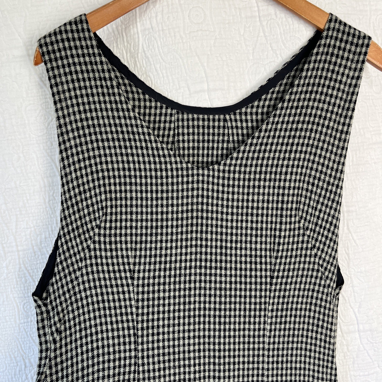 Vintage Wool Gingham Plaid Jumper Dress Pinafore Black Grey Homemade Pullover M