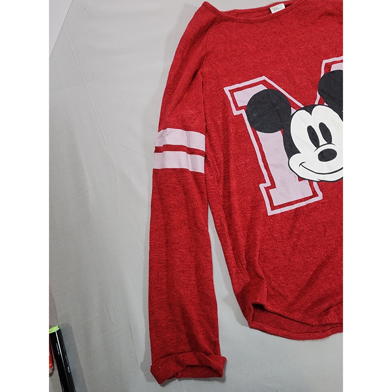 Vintage Disney Mickey Mouse Red Long Sleeve Varsity Graphic Tee Shirt Womens M