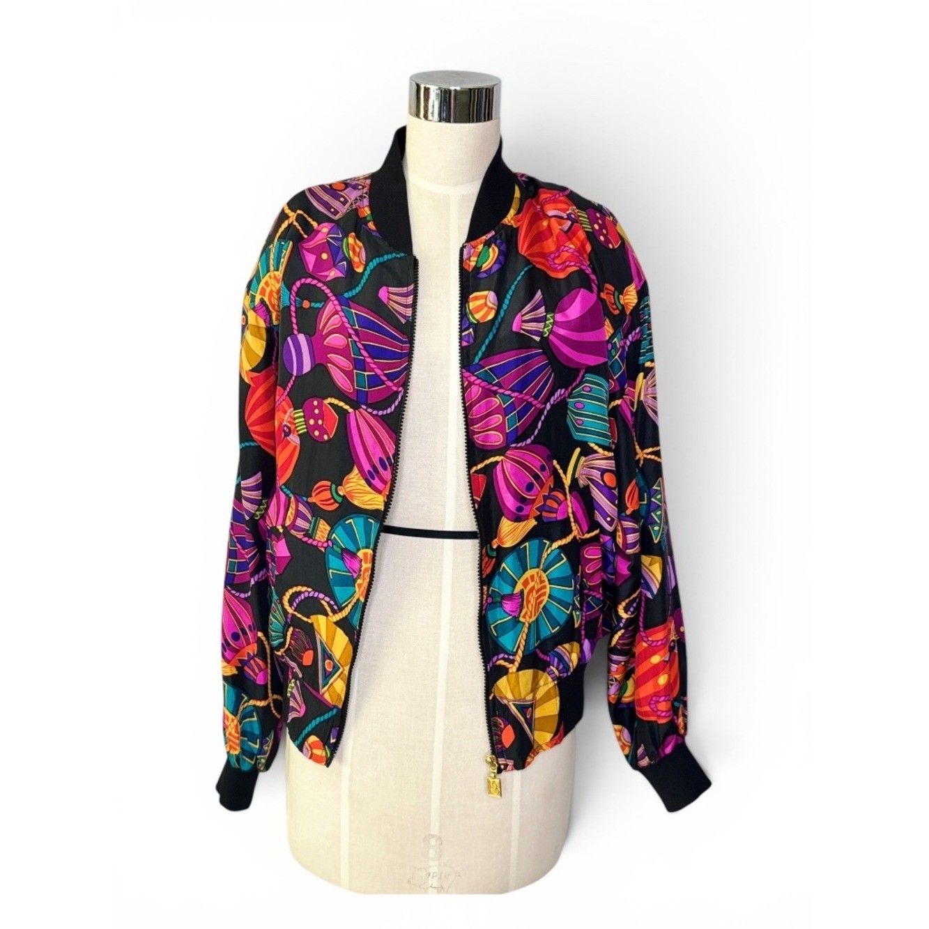 Vintage Petite Sophisticate Silk Jewel Tone 80&rsquo;s Bomber Jacket Statement Print S