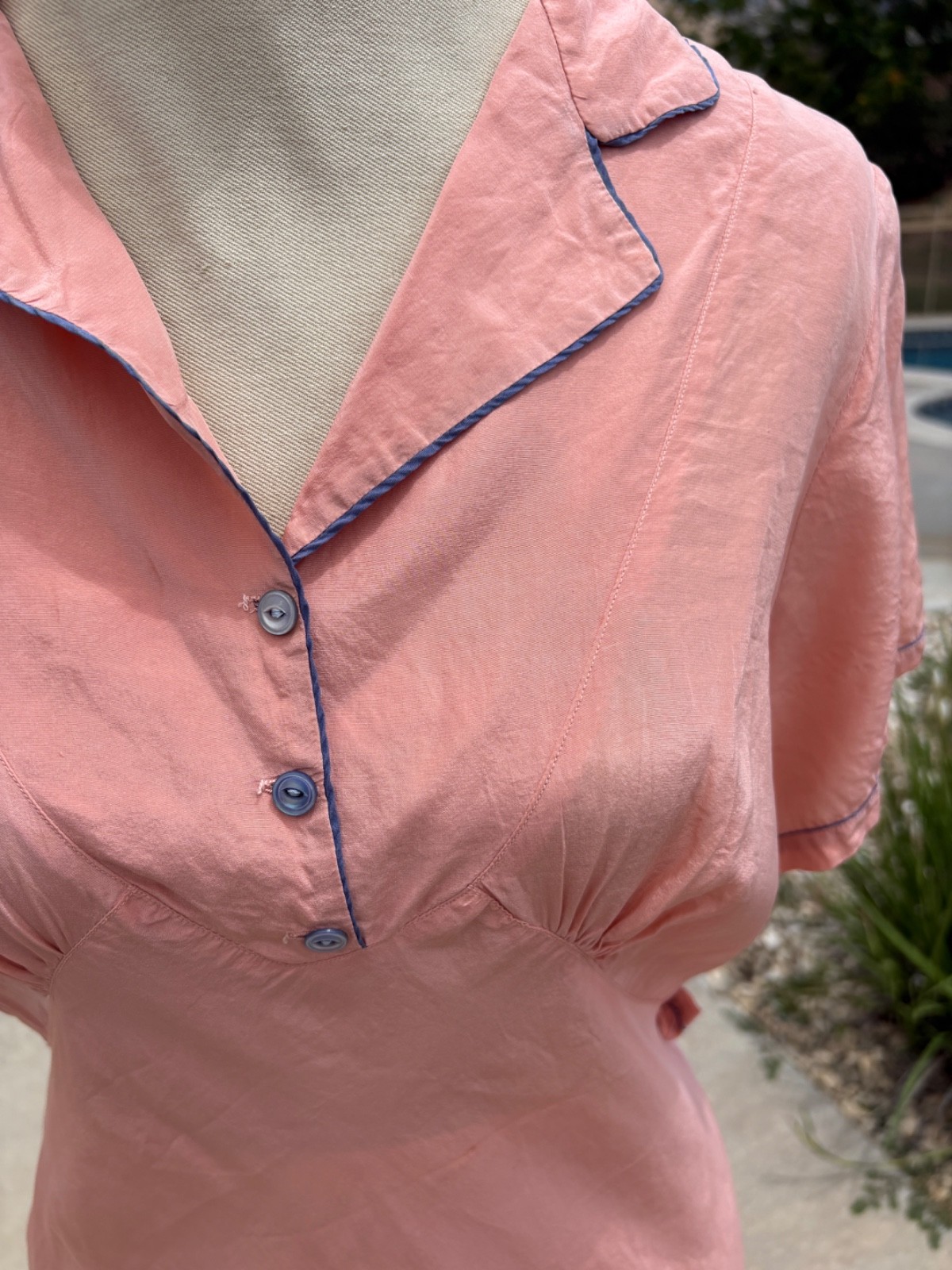Vintage 1930s 40s Pink Maxi Dress Triangular Empire Waistline Pleat Piping 4 6 S