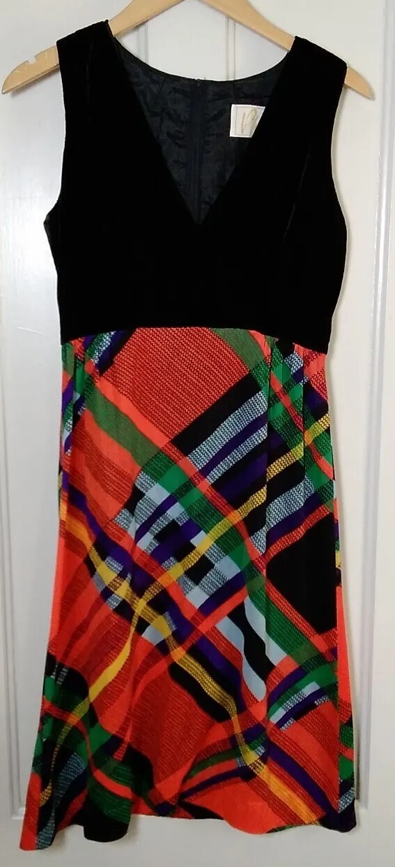 Fairycore Dress VTG 70&rsquo;s PLW Size 34&Prime; Chest Black Velvet Orange Plaid Sleeveless