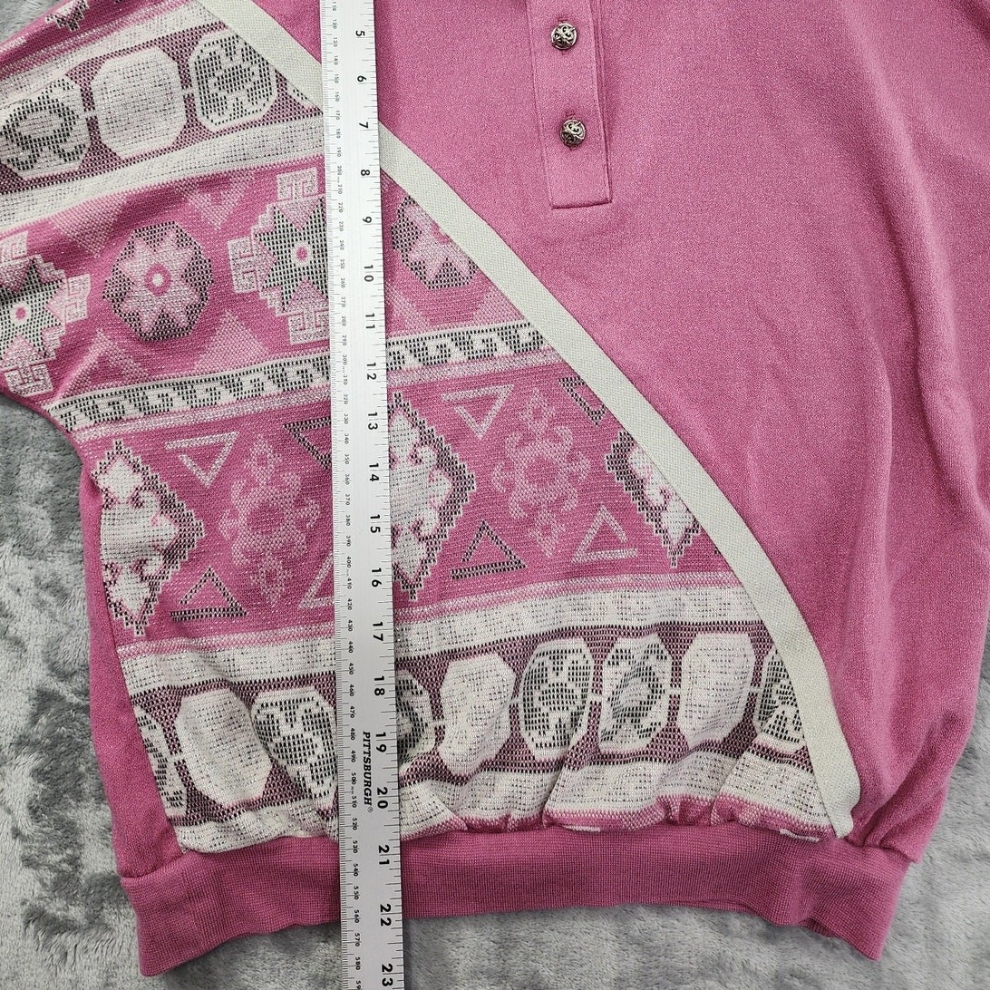Vintage 80s Graff Top Womens M Pink Silver Metallic 3/4 Sleeve Polo Cabincore