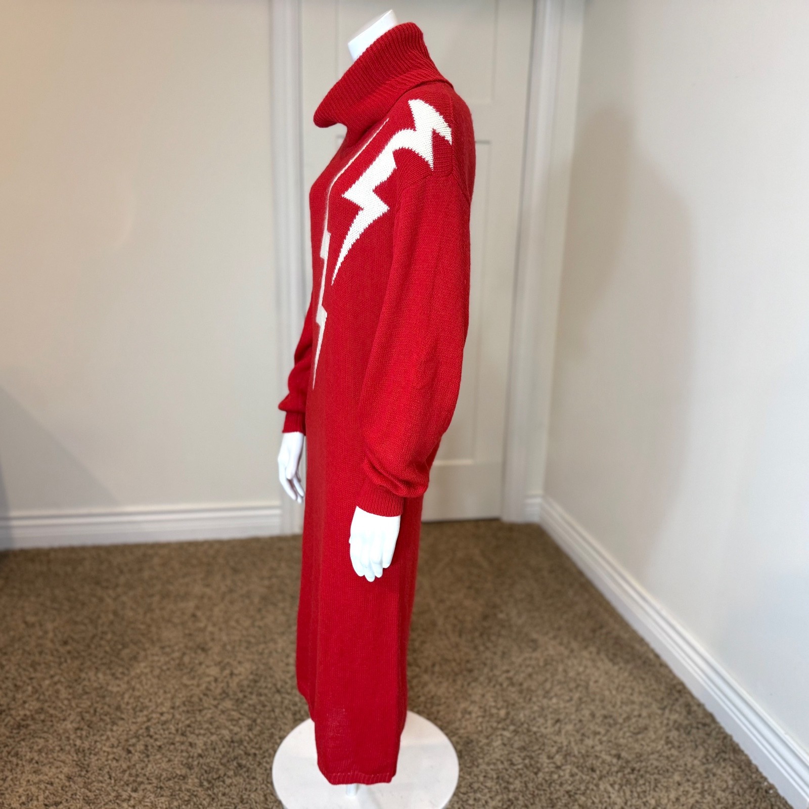 Vintage 80’s LIGHTNING BOLT SWEATER DRESS M Turtleneck Red Long Sleeved Intarsia